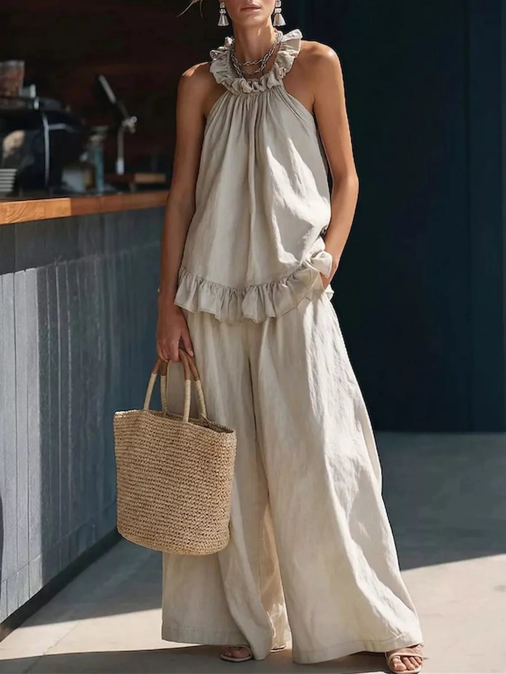 Full Size Ruffled Halter Neck Top and Wide-Leg Pants Set Plus Size