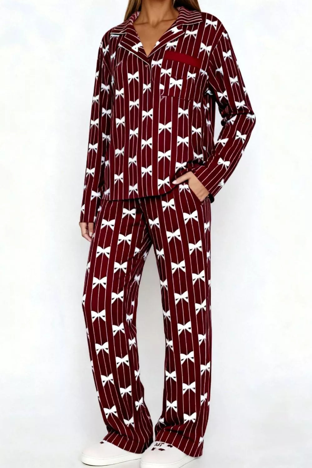 Bow Print Top and Wide Leg Pants Lounge Set