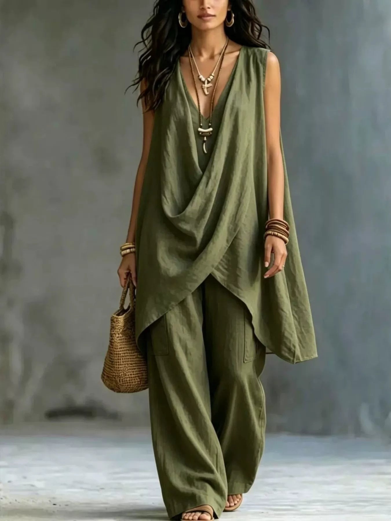 Sleeveless Asymmetrical Top and Wide-Leg Pants Set