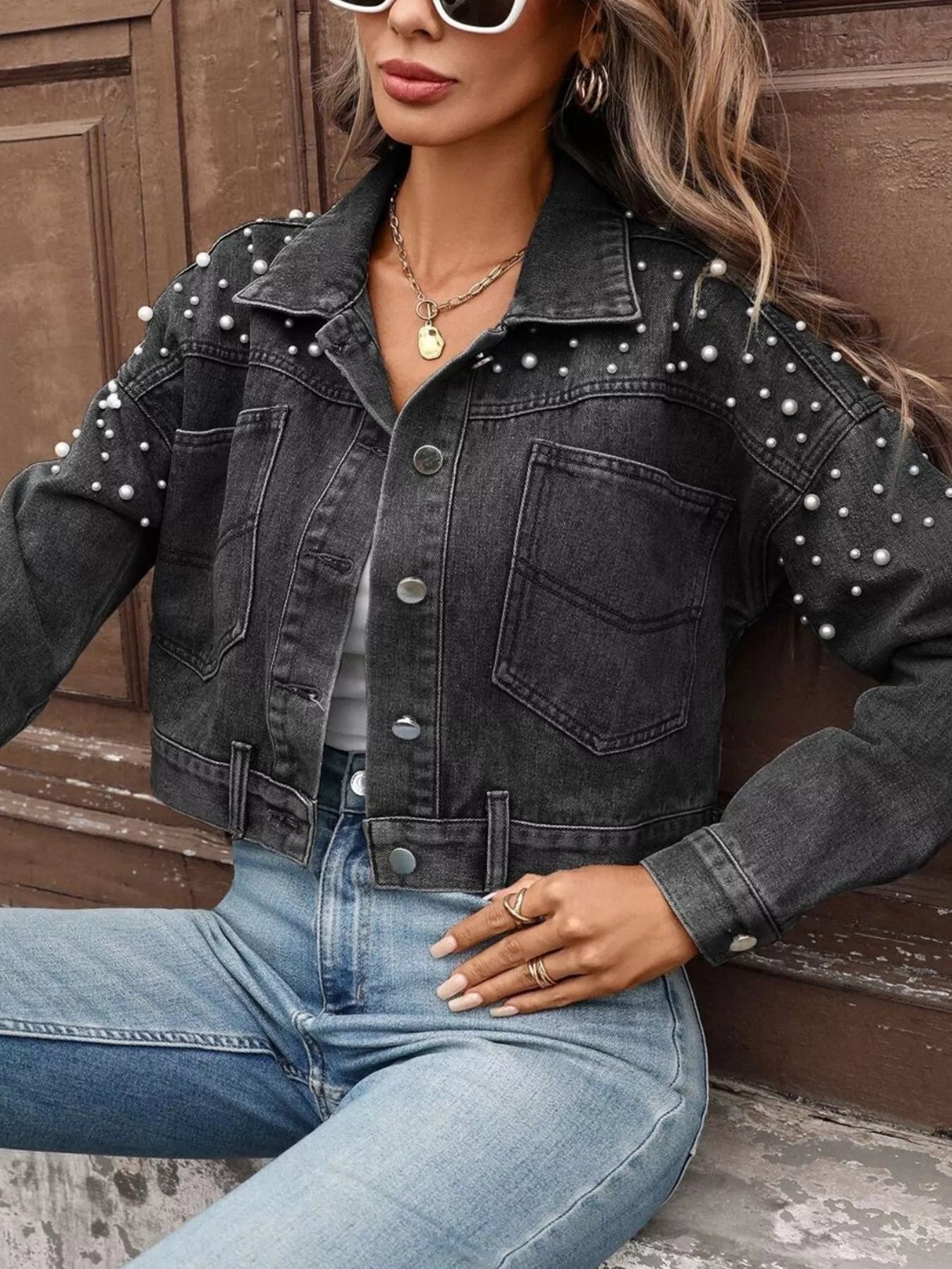 Pearl Embellished Cropped Denim Jacket