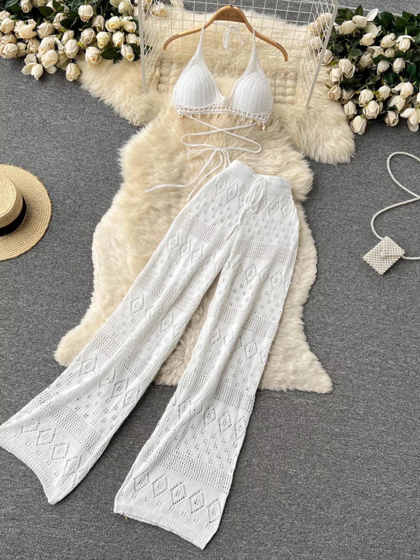 Crochet Knit Halter Neck Top and Wide Leg Pants Set