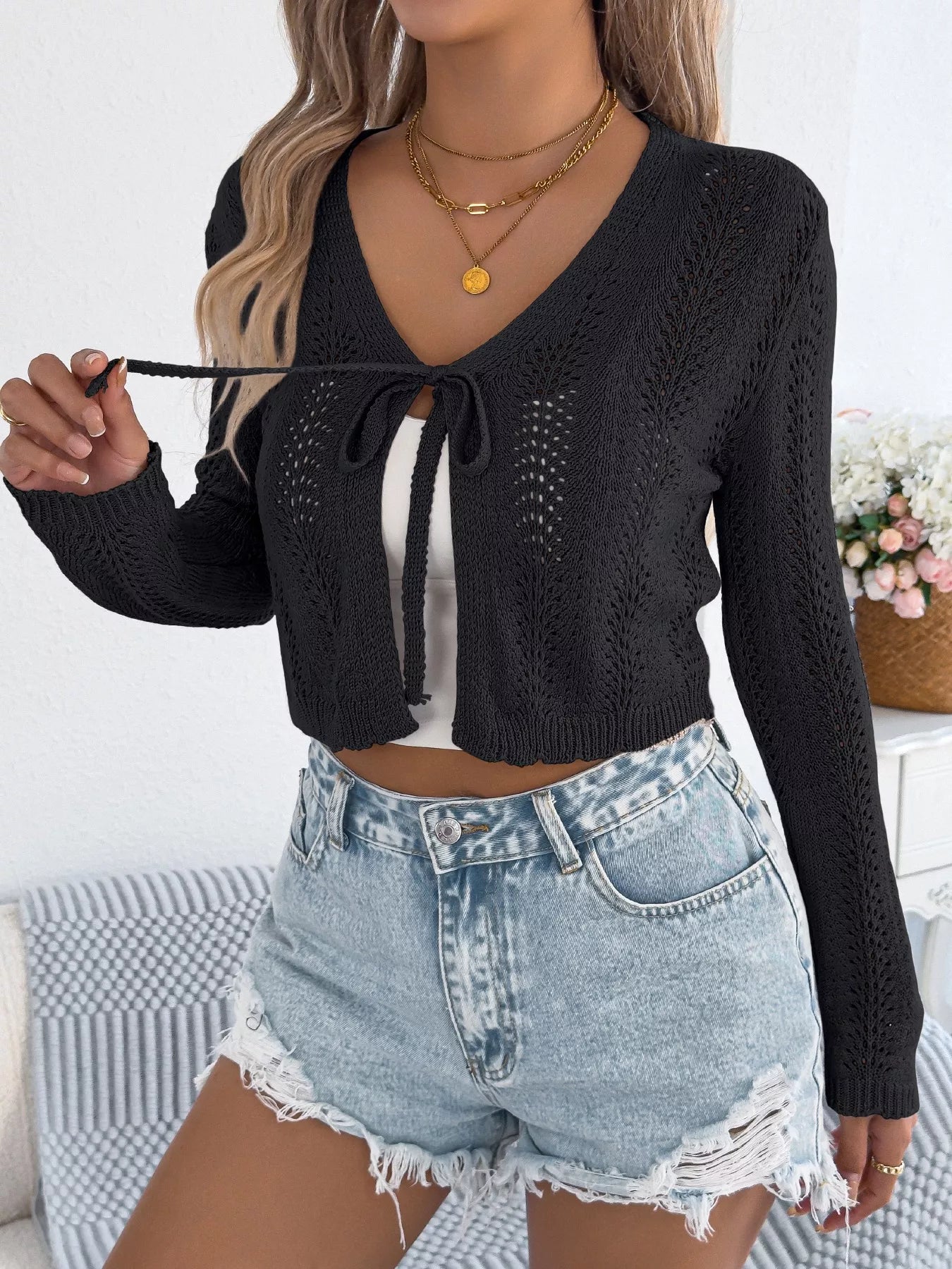 Crochet Knit Tie Front Cropped Cardigan