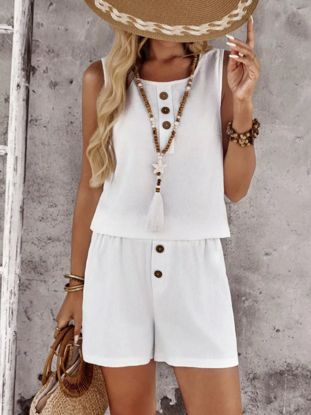 Decor Button Round Neck Tank and Shorts Set