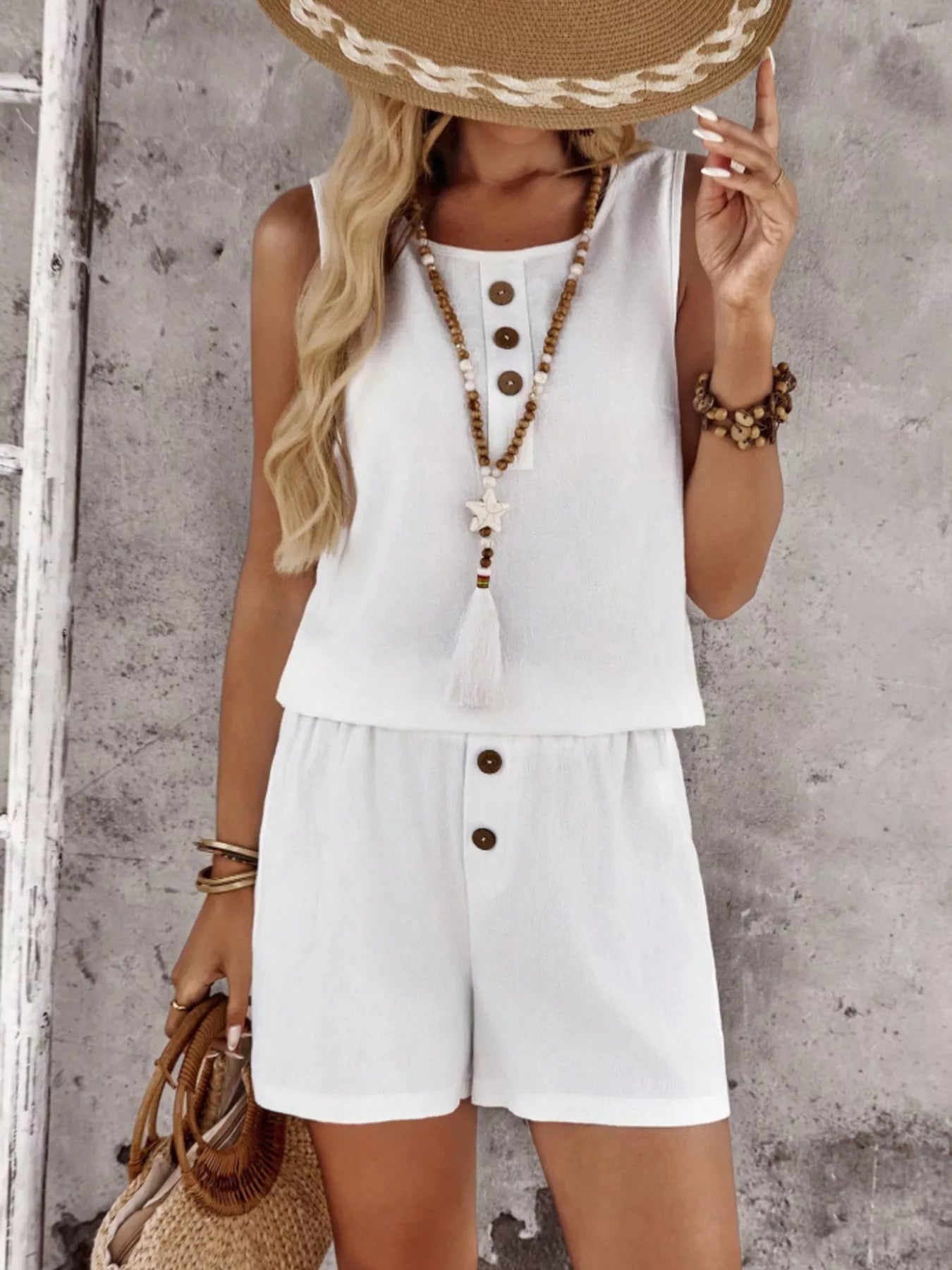Decor Button Round Neck Tank and Shorts Set