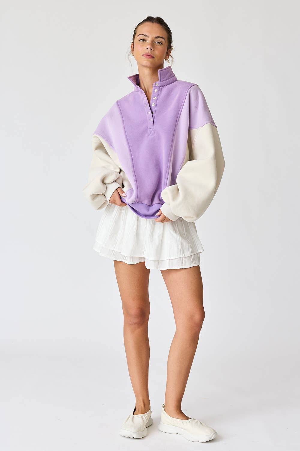 Pretty Little Patriot Pretty Little Patriot Lavender Color Block Sweatshirt — Pretty Little Patriot branding close-up