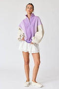 Pretty Little Patriot Pretty Little Patriot Lavender Color Block Sweatshirt — Pretty Little Patriot branding close-up