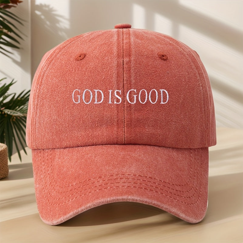 MyClosetAid [Vintage Baseball Cap] Embroidered "GOD IS GOOD" Design — flat-lay composition