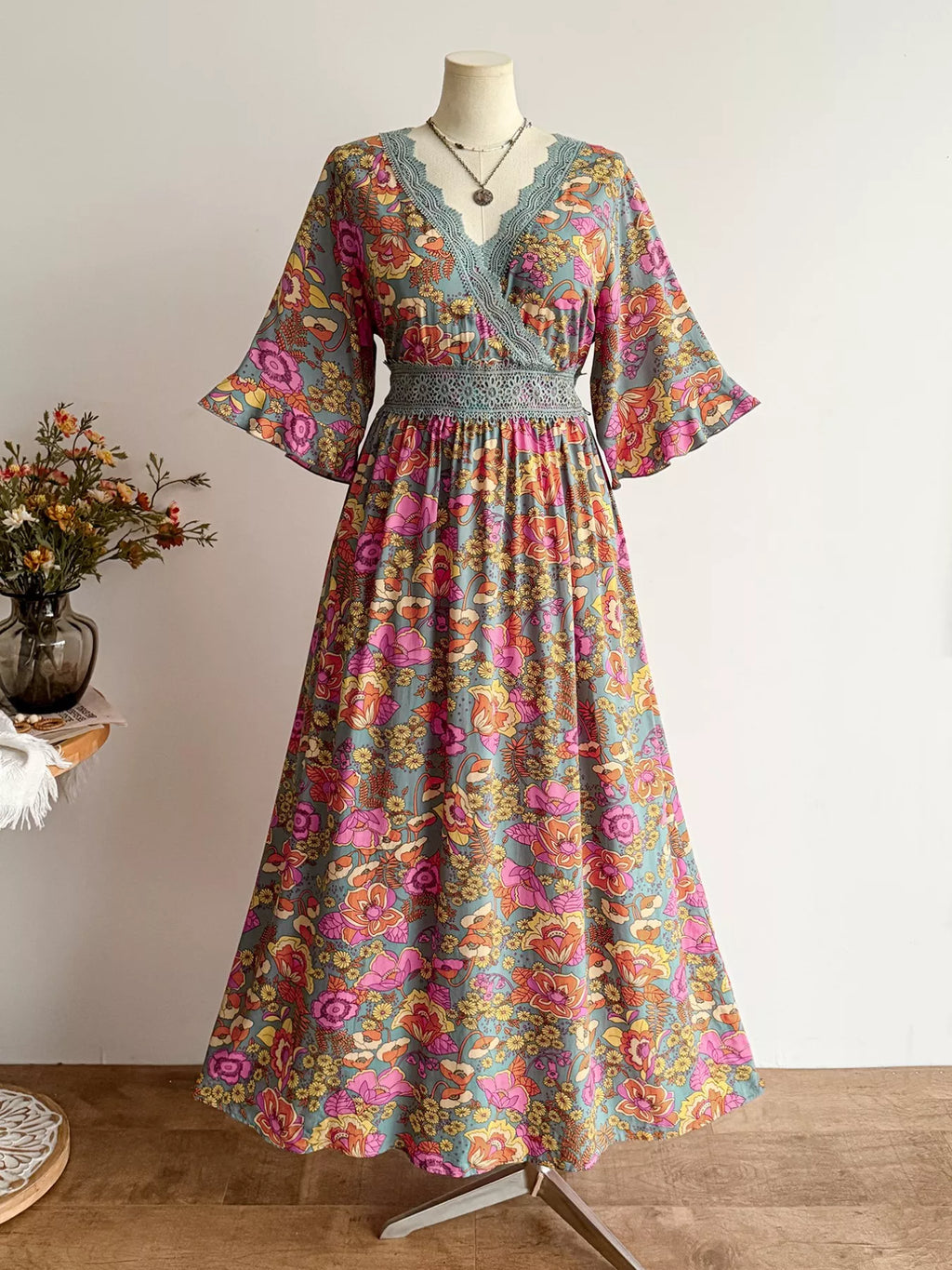 Plus Size Lace Detail Floral Surplice Dress