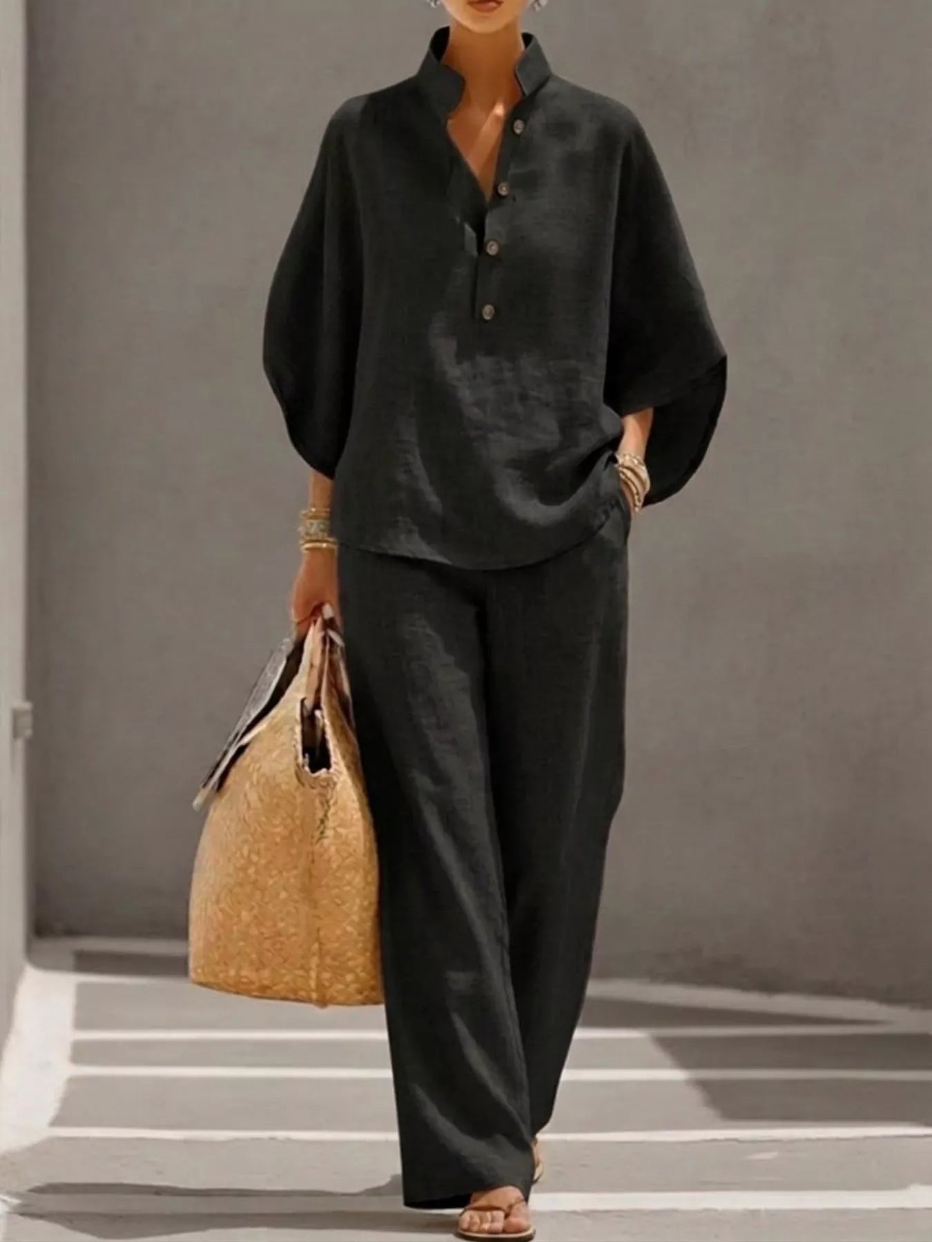 Full Size Button Detail 3/4 Sleeve Top and Pants Set Plus Size