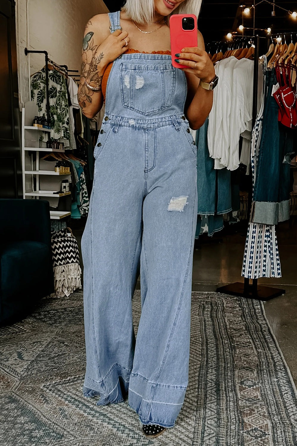 Distressed Wide Leg Denim Overalls