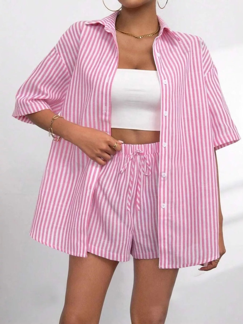 Striped Button Up Shirt and Shorts Casual Set