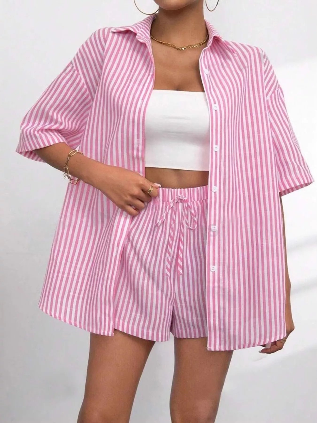 Striped Button Up Shirt and Shorts Casual Set
