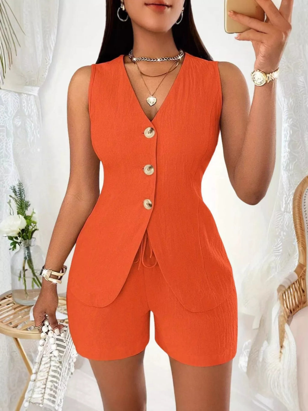Sleeveless Button-Down Vest & Shorts Set