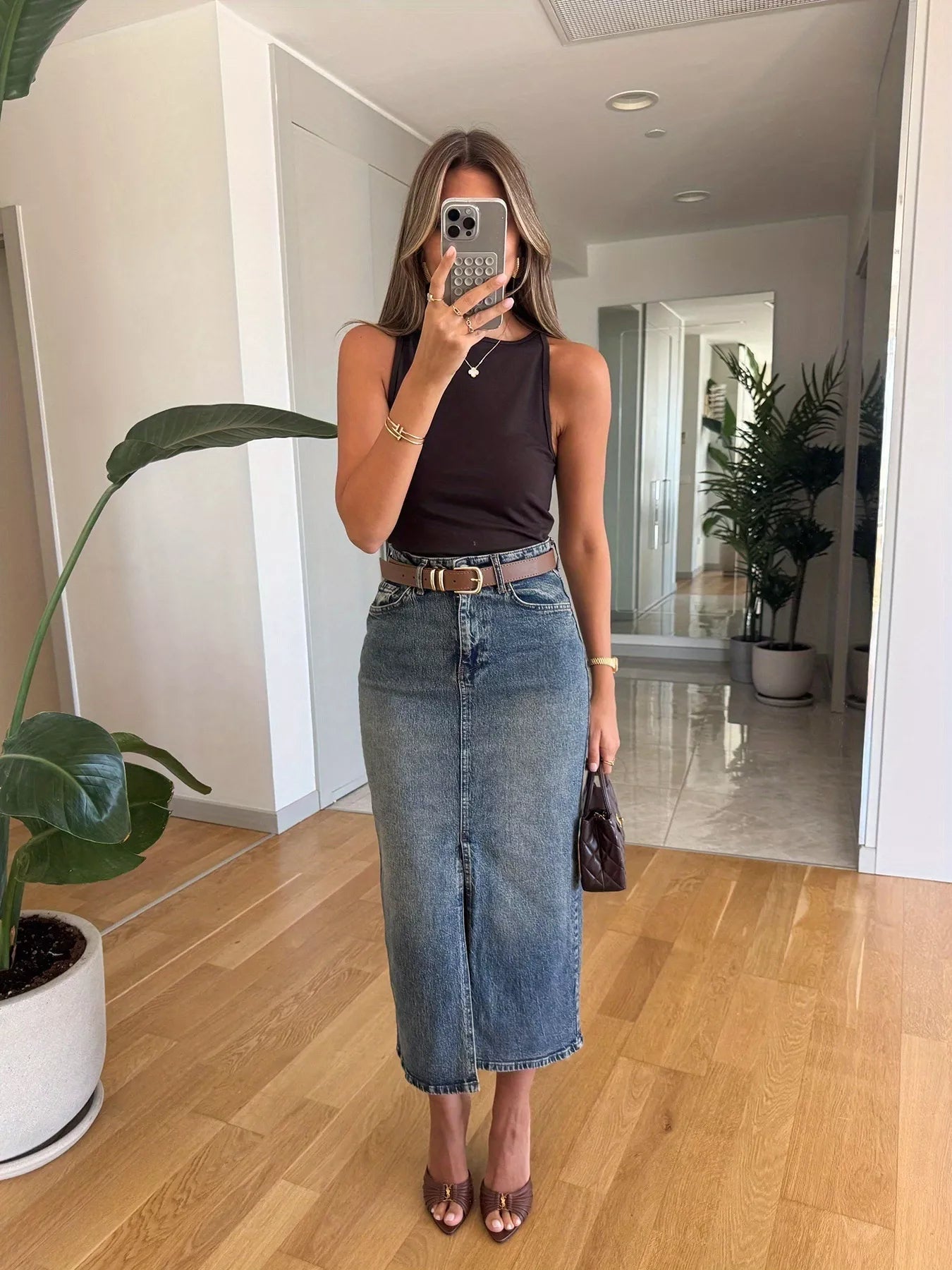 Slit Front Denim Skirt