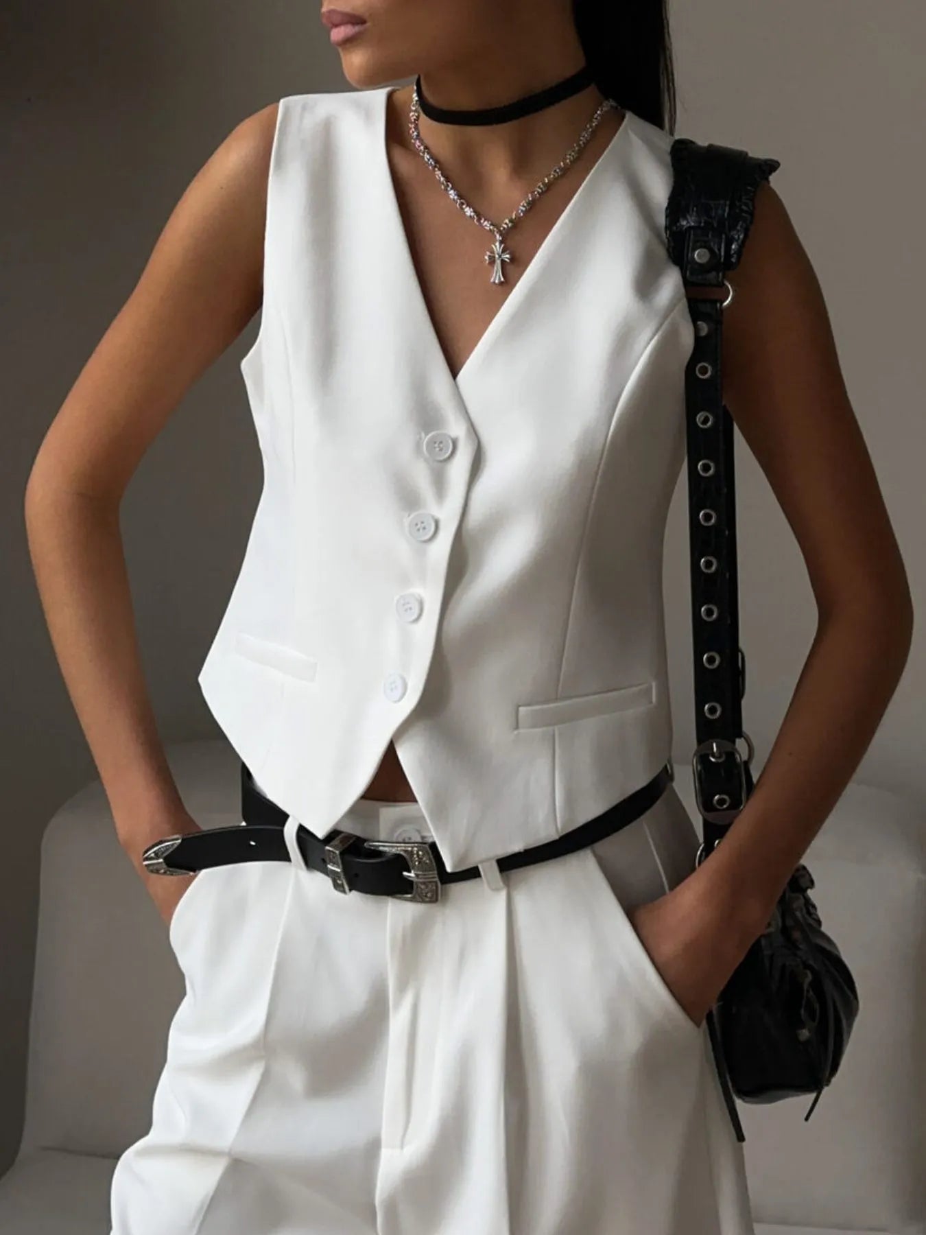 V-Neck Vest and Pants Two-Piece Blazer Set