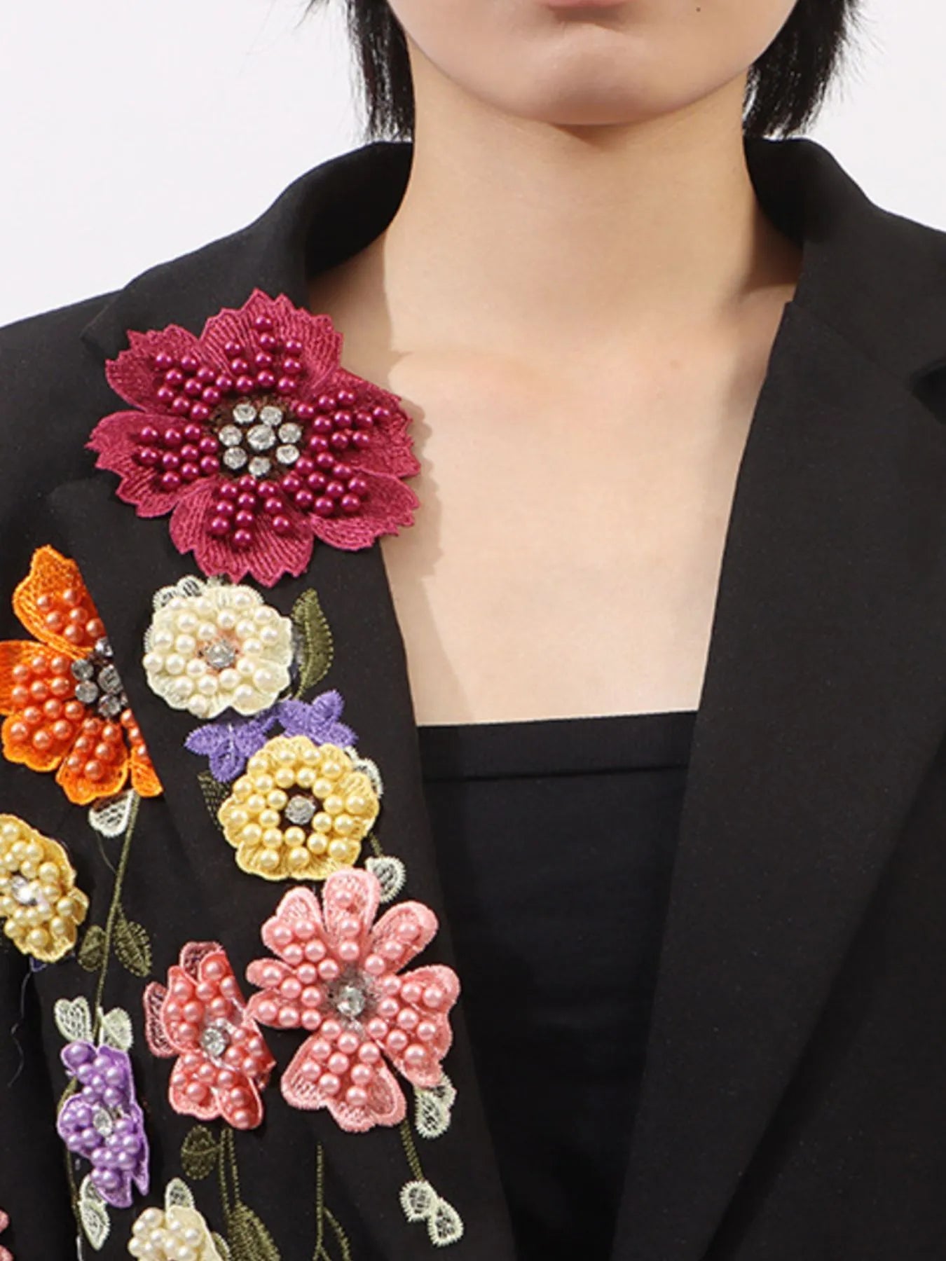Pearl Detail Flower Lapel Collar Blazer