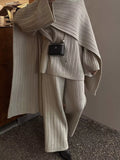 3-Piece Crew Neck Ribbed Sweater and Wide-Leg Pants Set with Scarf