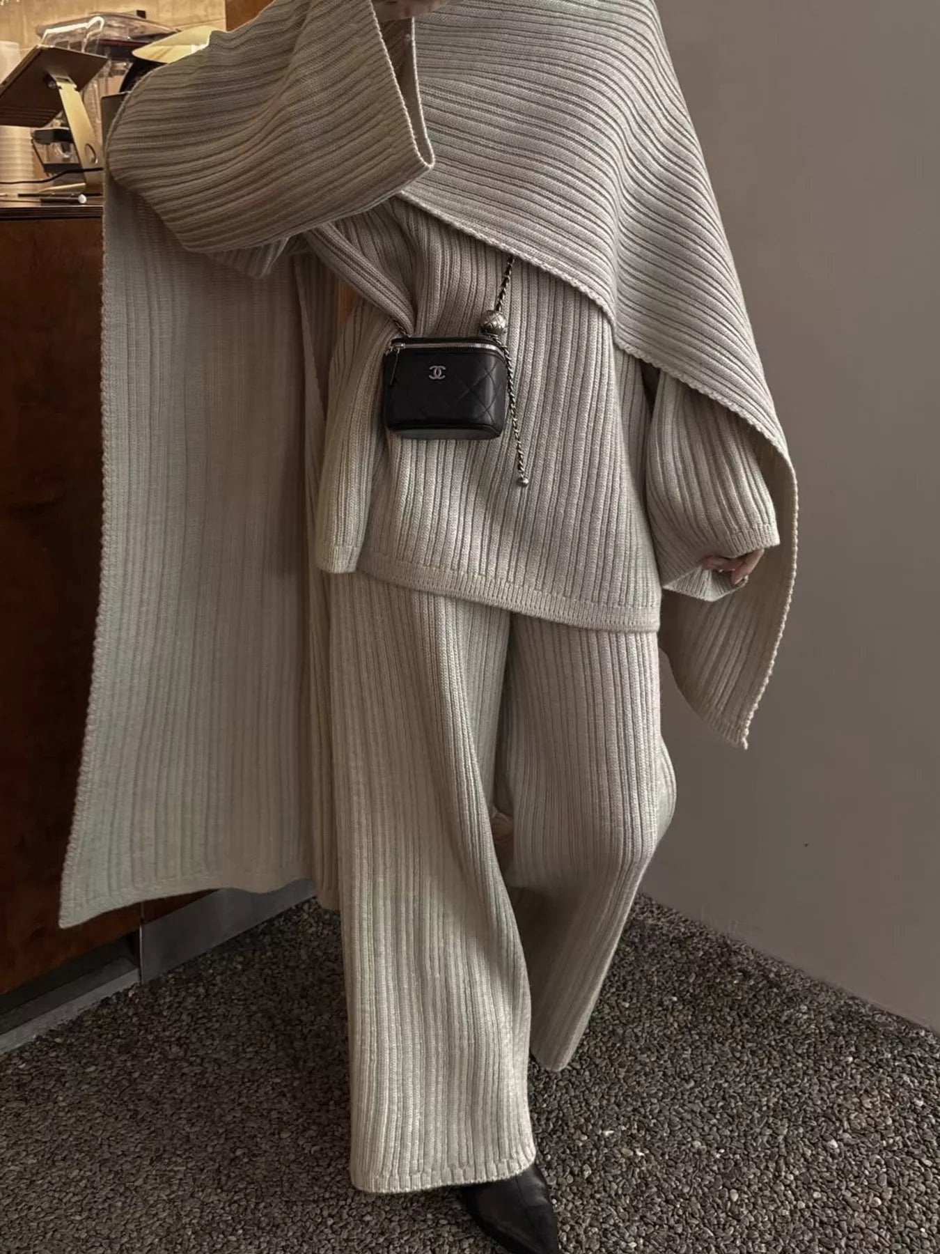 3-Piece Crew Neck Ribbed Sweater and Wide-Leg Pants Set with Scarf