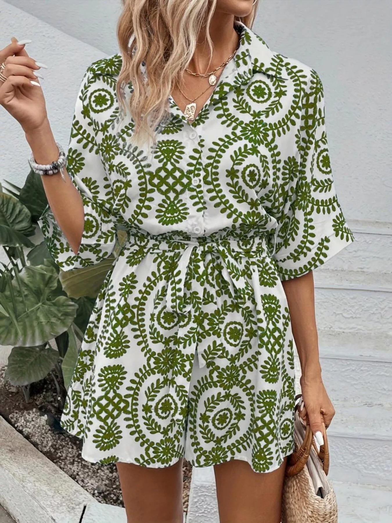 Printed Tie Waist Button Front Romper