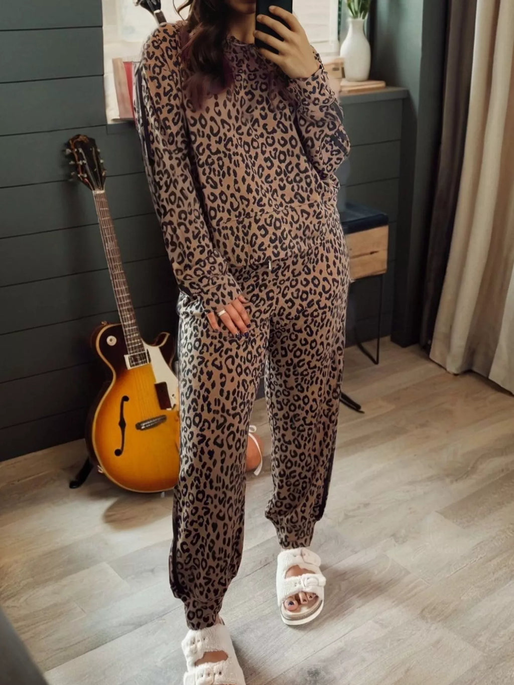 Striped Trim Leopard Long Sleeve Top Drawstring Pant Set