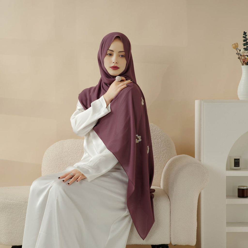 Mariam's Collection Plain Chiffon Shawl Hijab With Embroidery, Extra-Fine Embroidered Hijab (MH077) — detail shot 6