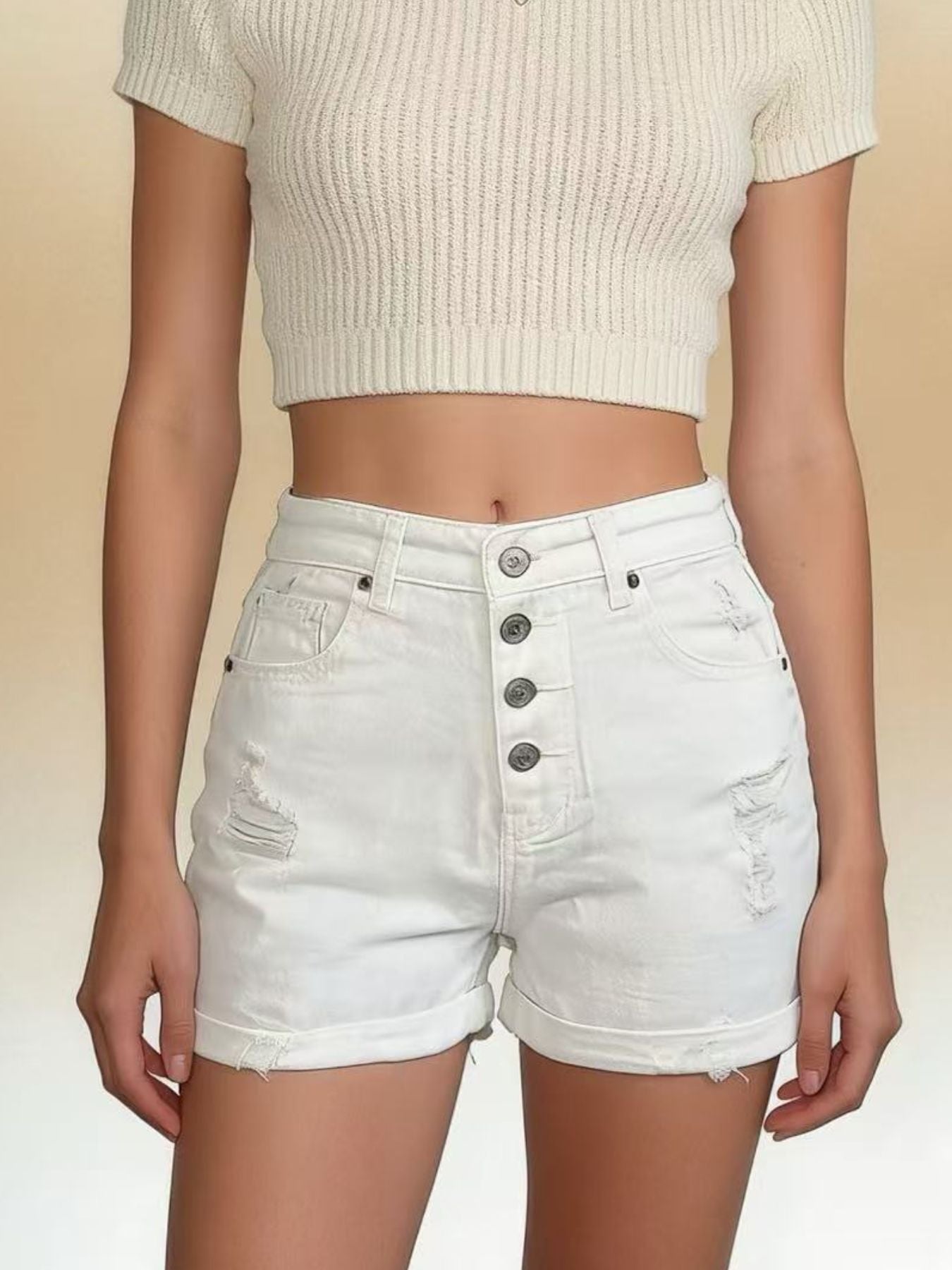 High-Waisted Button-Fly Distressed Denim Shorts