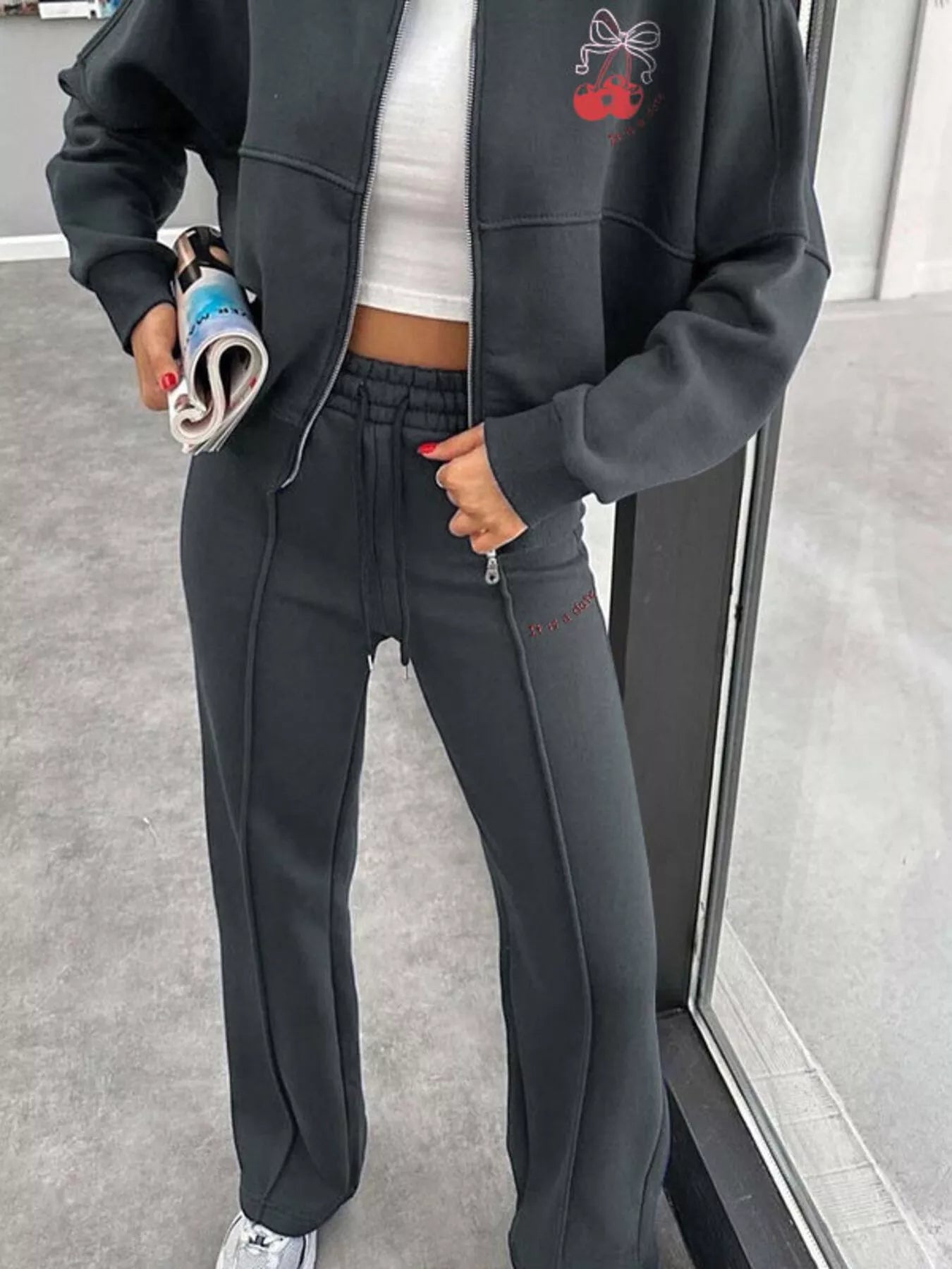 Zip Up Dropped Shoulder Outerwear and Pants Set