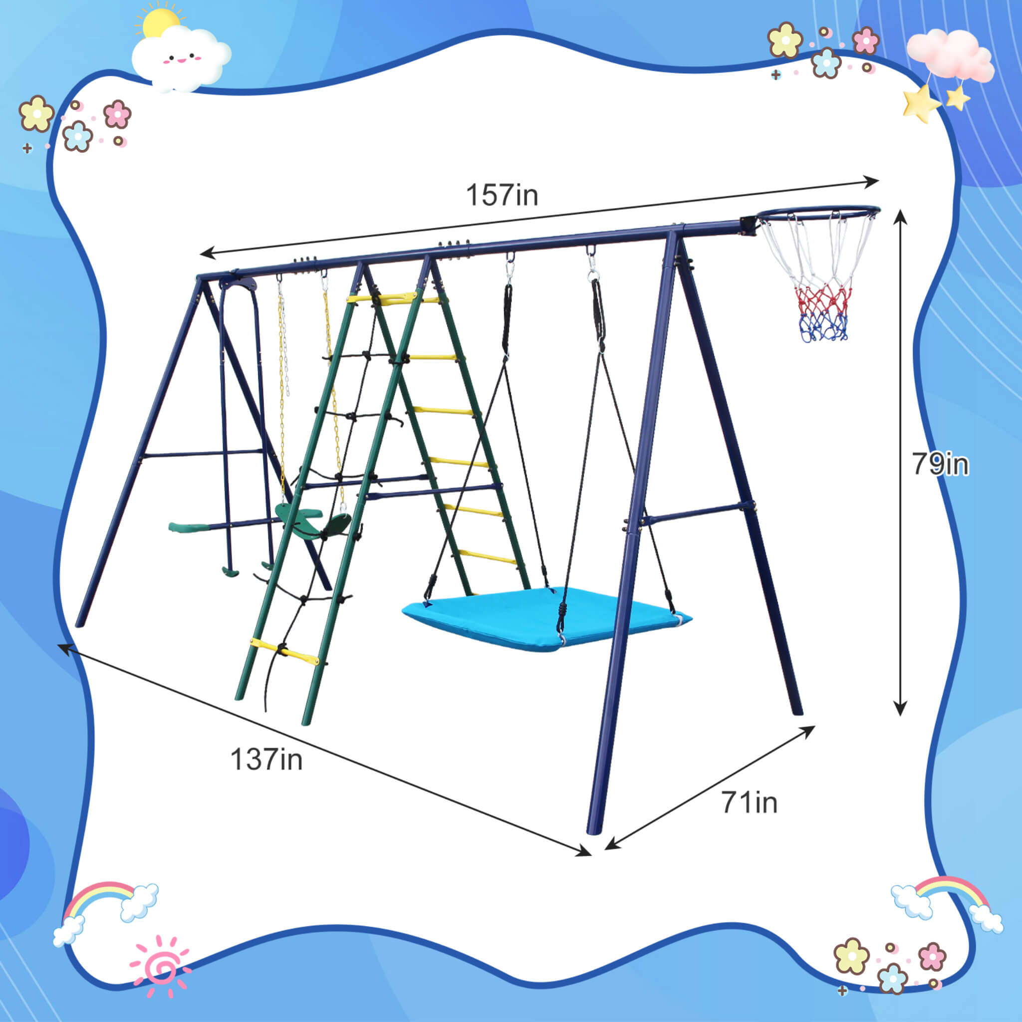 6-In-1 Outdoor Swing Set With Climbing Ladder Net And Basketball Hoop (SAK98152) – SAKSBY WHOLESALE, view 8