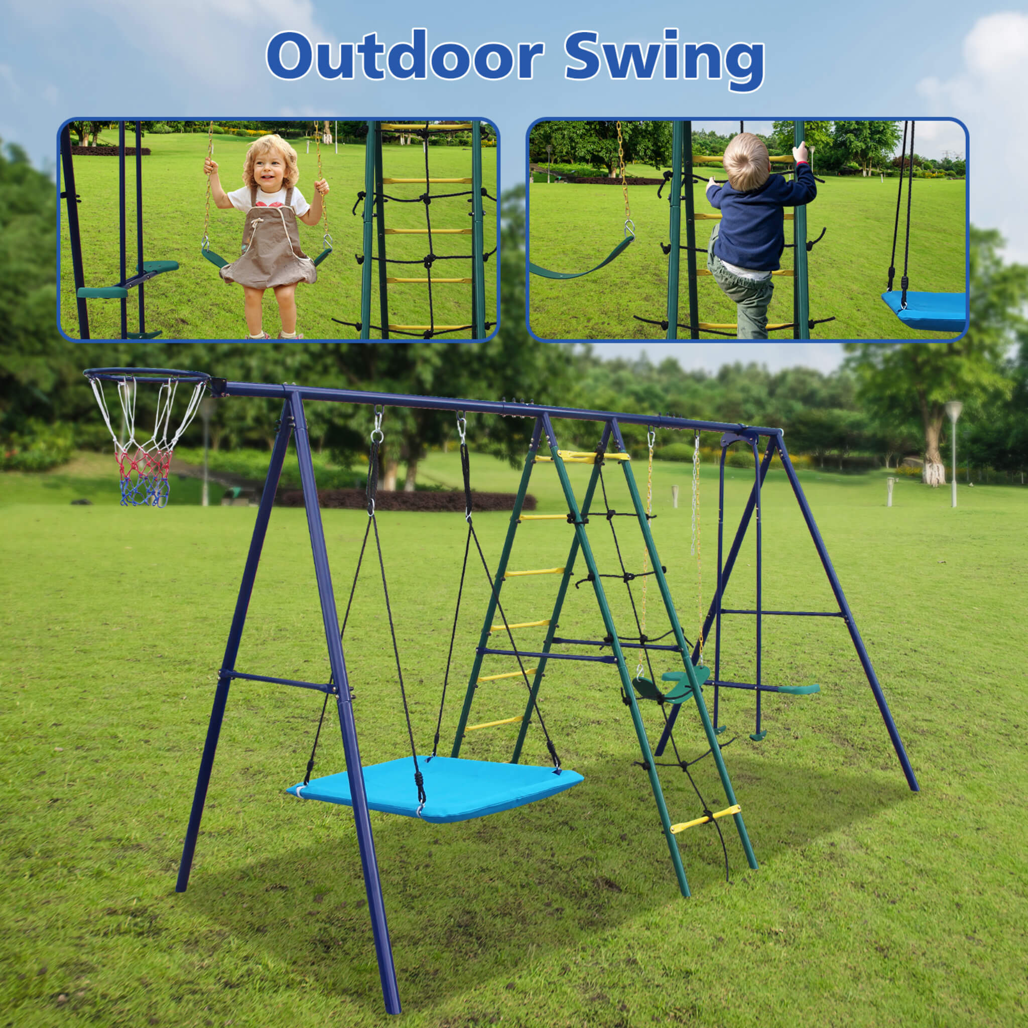 6-In-1 Outdoor Swing Set With Climbing Ladder Net And Basketball Hoop (SAK98152) – SAKSBY WHOLESALE, view 3