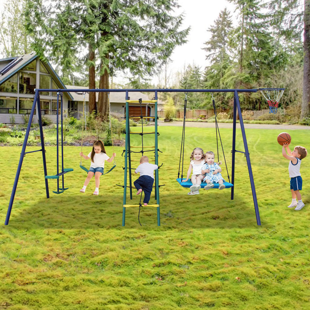 6-In-1 Outdoor Swing Set With Climbing Ladder Net And Basketball Hoop (SAK98152) – SAKSBY WHOLESALE
