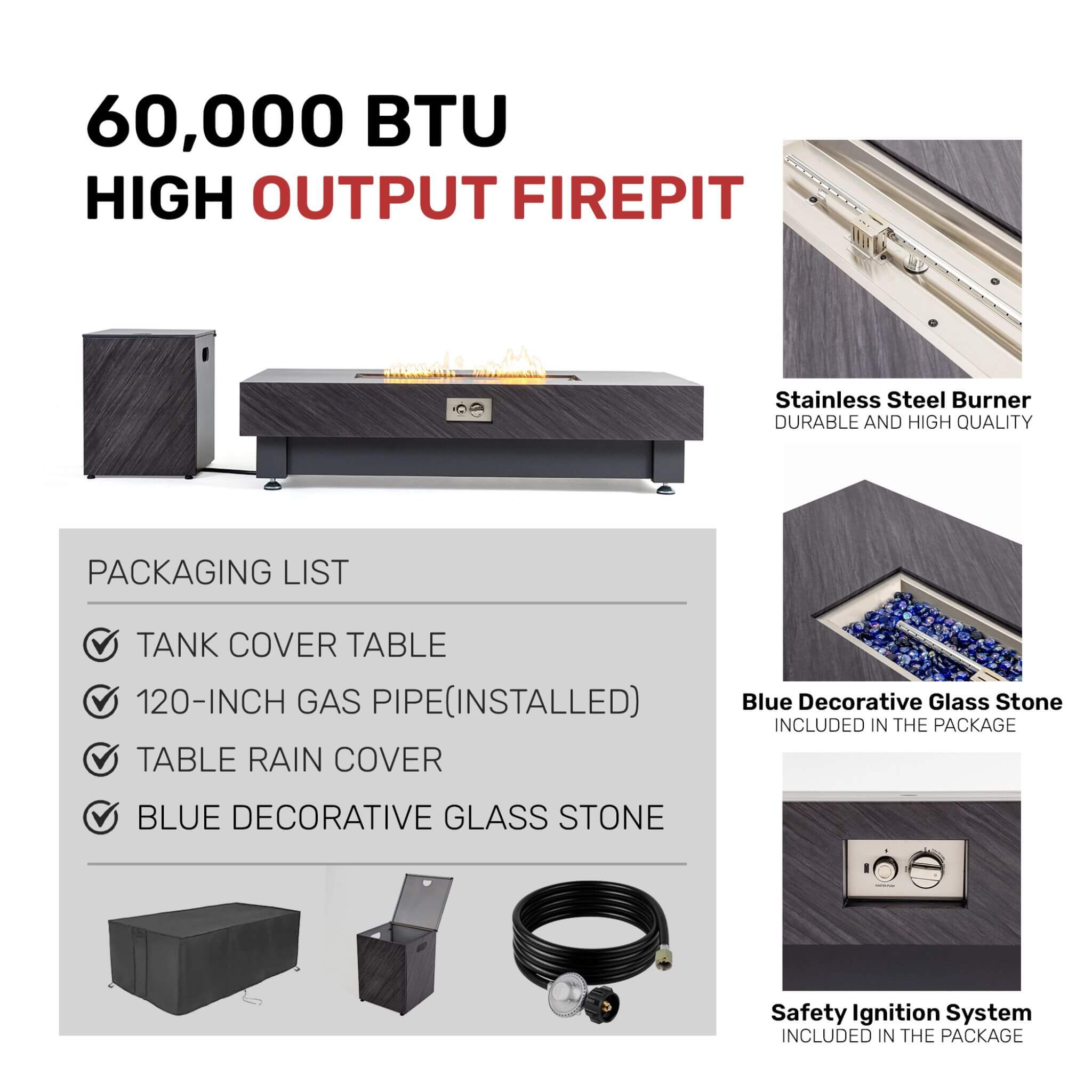 Alora Premium 60-Inch Rectangular Outdoor Modern Propane Fire Pit Table With Rain Cover (SAK91273) – SAKSBY WHOLESALE, view 2