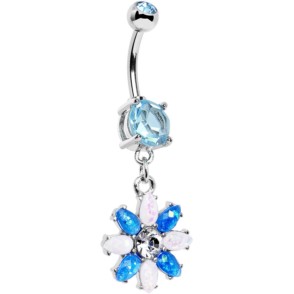 BodyCandy Blue and White Faux Opal Flower Power Dangle Belly Ring — main product shot