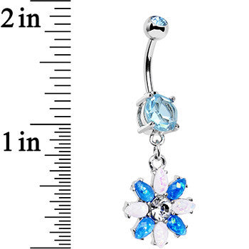 BodyCandy Blue and White Faux Opal Flower Power Dangle Belly Ring — detail close-up