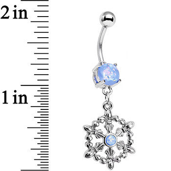 BodyCandy Light Blue Faux Opal Fleur de Lis Hoop Dangle Belly Ring — detail close-up