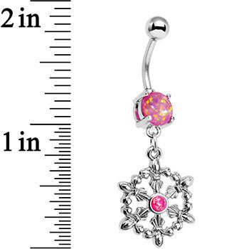 BodyCandy Pink Faux Opal Fleur de Lis Hoop Dangle Belly Ring — detail close-up