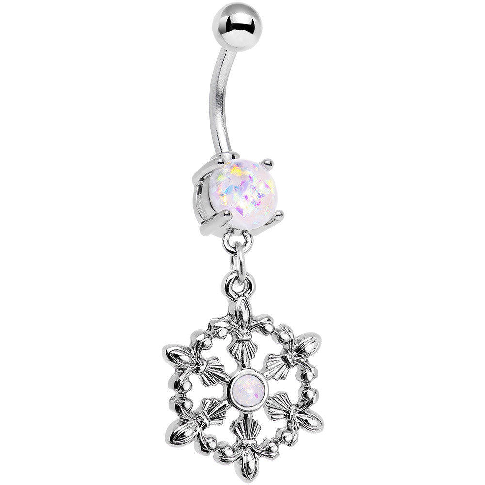 BodyCandy White Faux Opal Fleur de Lis Hoop Dangle Belly Ring — main product shot