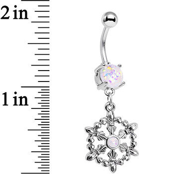 BodyCandy White Faux Opal Fleur de Lis Hoop Dangle Belly Ring — detail close-up