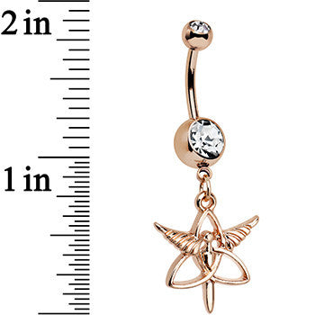 BodyCandy Clear Gem Rose Gold Anodized Heralds Staff Trinity Dangle Belly Ring — detail close-up