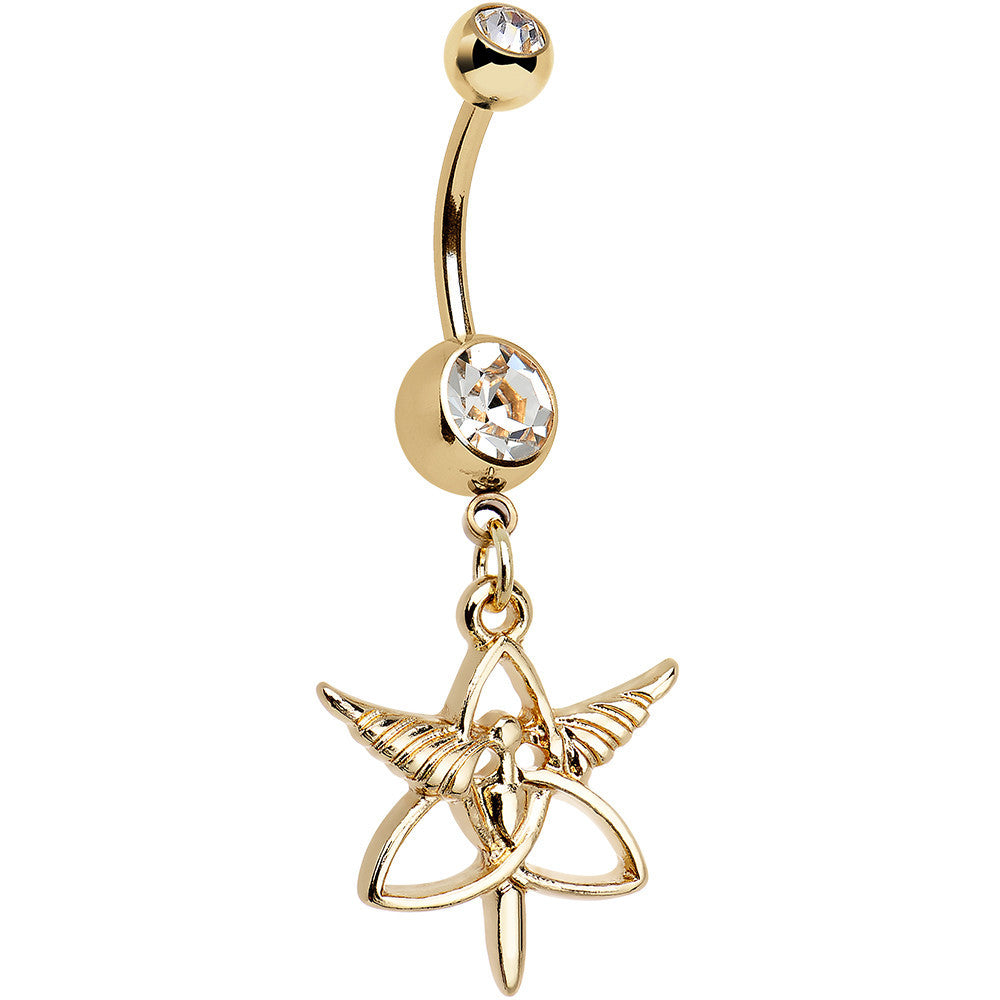 BodyCandy Clear Gem Gold Anodized Heroic Heralds Staff Trinity Dangle Belly Ring — main product shot