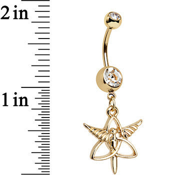 BodyCandy Clear Gem Gold Anodized Heroic Heralds Staff Trinity Dangle Belly Ring — detail close-up