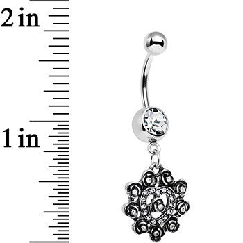 BodyCandy Clear Gem Rose Ring Flower Heart Dangle Belly Ring — detail close-up