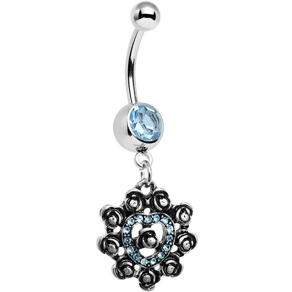 BodyCandy Aqua Gem Rose Ring Flower Heart Dangle Belly Ring — main product shot
