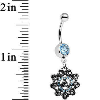 BodyCandy Aqua Gem Rose Ring Flower Heart Dangle Belly Ring — detail close-up