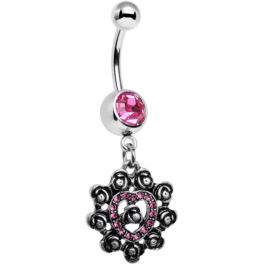 BodyCandy Pink Gem Rose Ring Flower Heart Dangle Belly Ring — main product shot