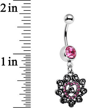 BodyCandy Pink Gem Rose Ring Flower Heart Dangle Belly Ring — detail close-up