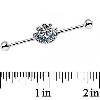 BodyCandy 14G Blue Zircon Gem Aztec Tribal Fan industrial Barbell 38mm — detail close-up