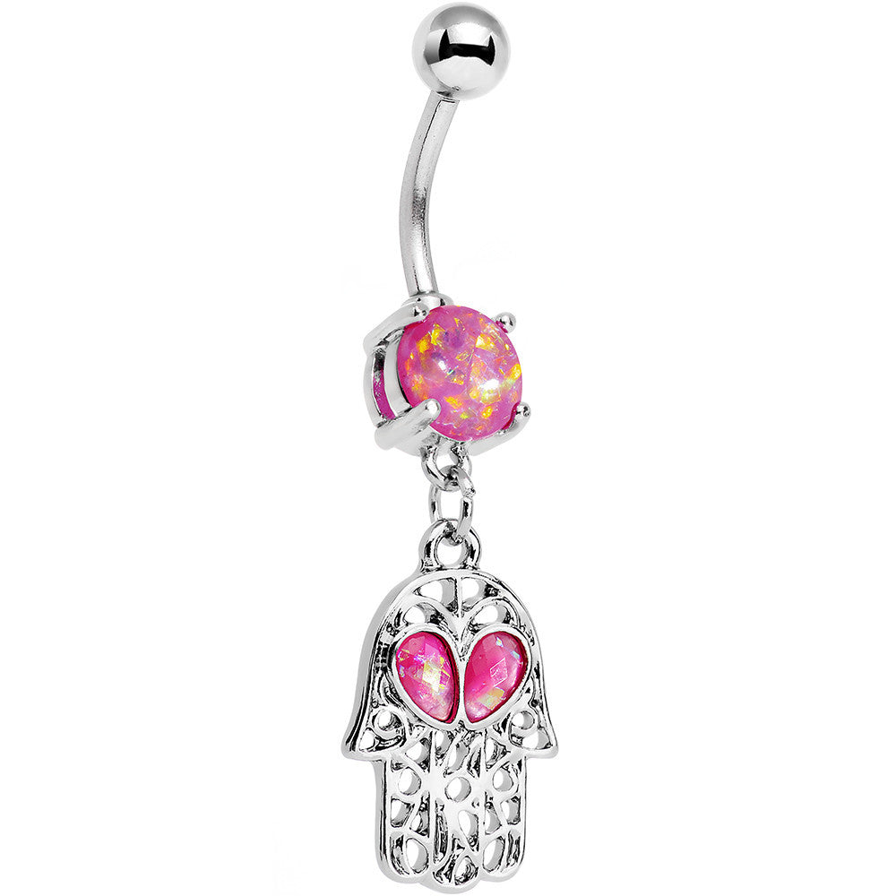 BodyCandy Pink Faux Opal Hamsa Hand and Heart Dangle Belly Ring — main product shot