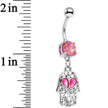 BodyCandy Pink Faux Opal Hamsa Hand and Heart Dangle Belly Ring — detail close-up