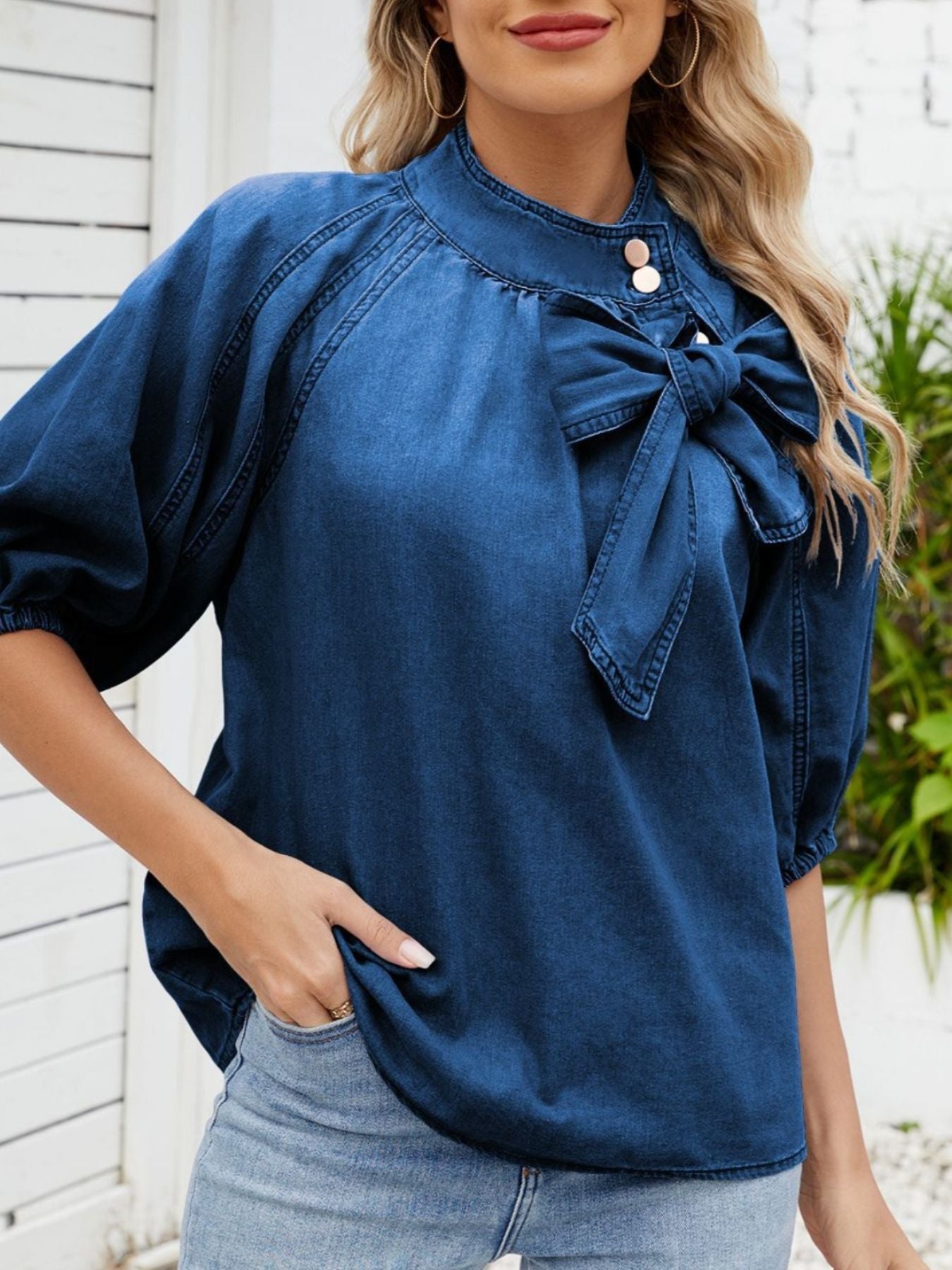 Bow Accent Puff Sleeve Denim Top