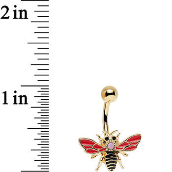 BodyCandy Pink Black Gem Gold PVD Black Red Buzzy Bee Belly Ring — detail close-up